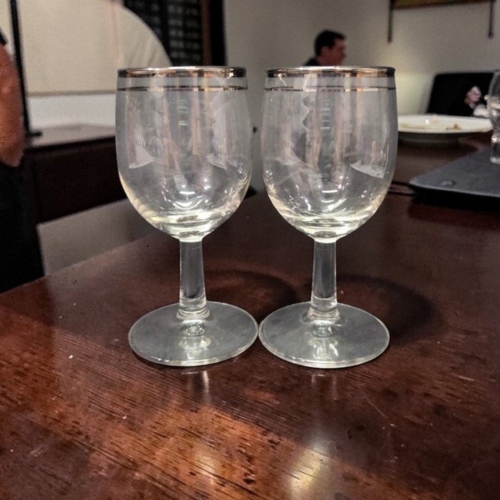 Platinum‎ Rimmed Clear wine Glasses, Set of 2, Vintage Replacement Stemware, MCM